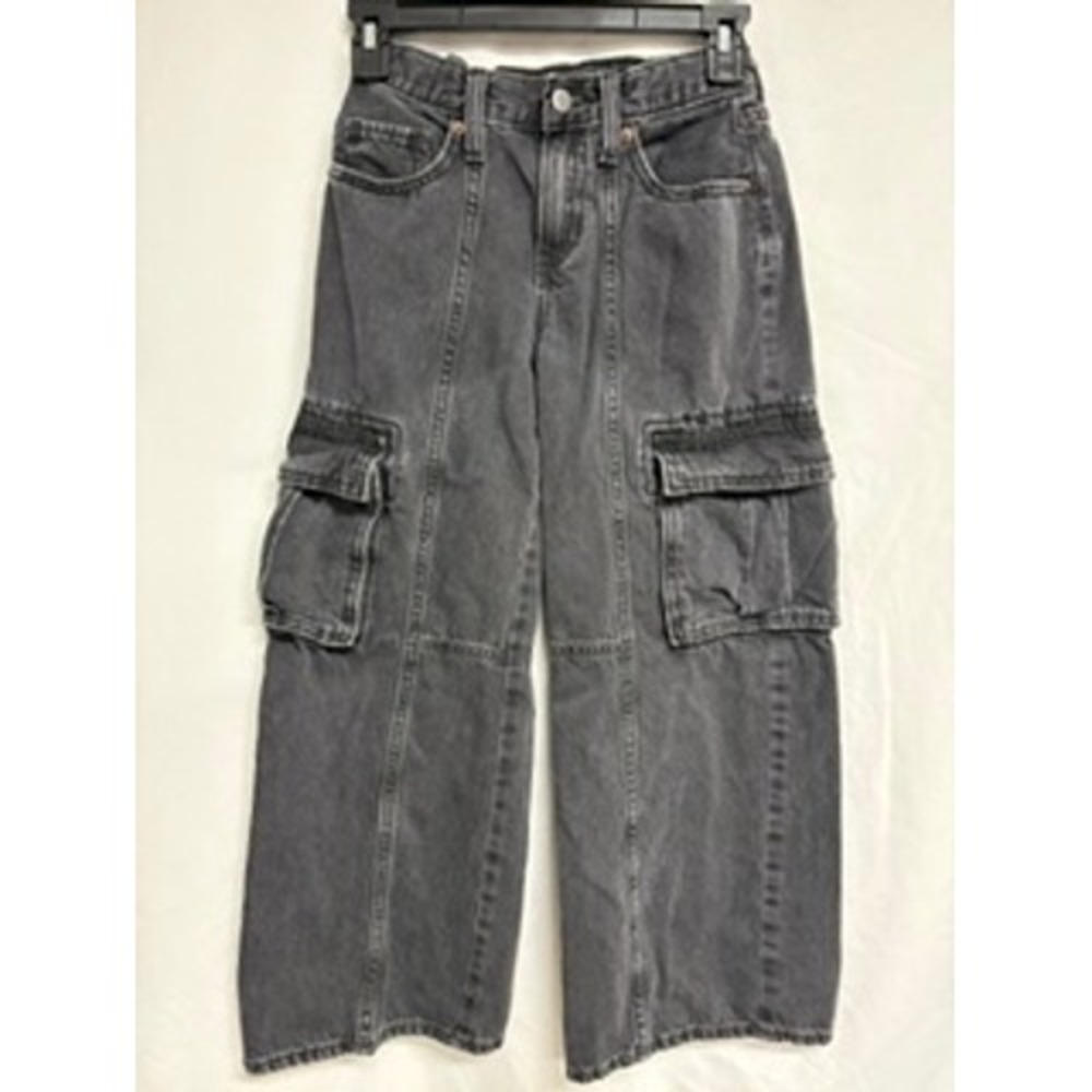 Old Navy Girls 10 High-Rise Baggy Wide-Leg Cargo Jeans Washed Black Denim Y2K